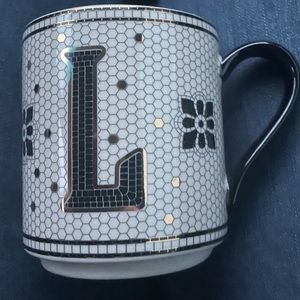 Anthropologie L Cup Mug Black Gold Bistro Tile Margot Monogram Mug
